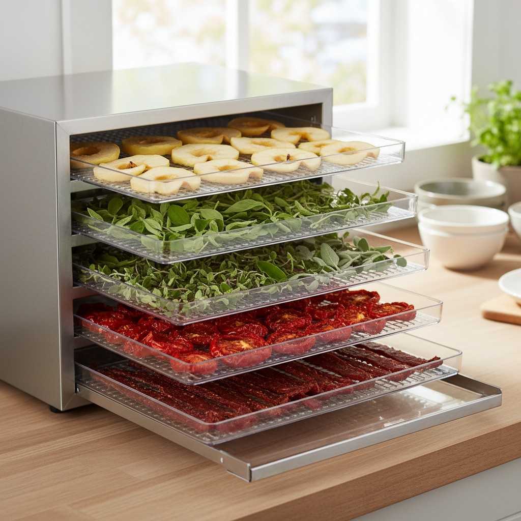 Food dehydrator with multiple trays of different foods