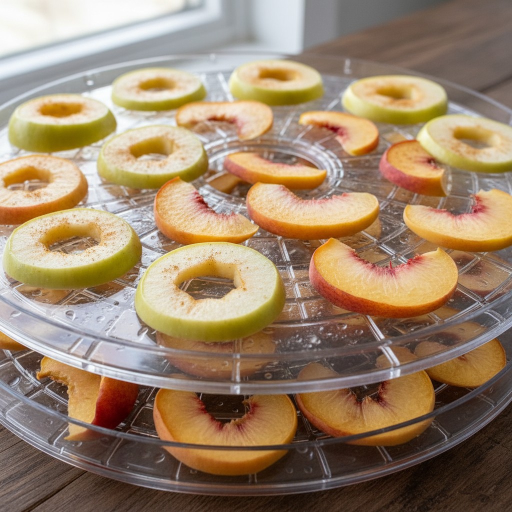 Apple rings and peach slices on dehydrator trays