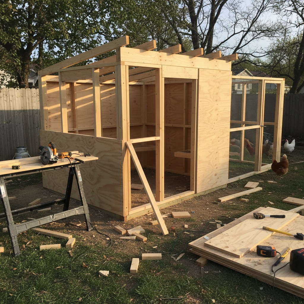 Chicken coop under construction with framing