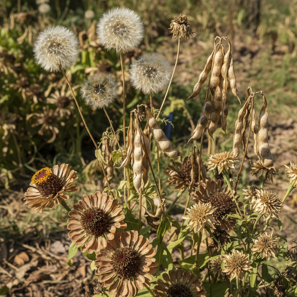 Dried seed heads on garden plants ready for collection