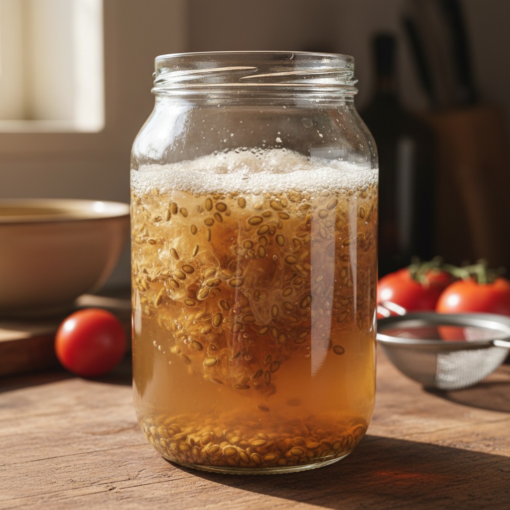 Tomato seeds fermenting in a glass jar