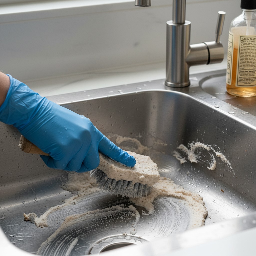Baking soda paste being used to scrub a kitchen sink
