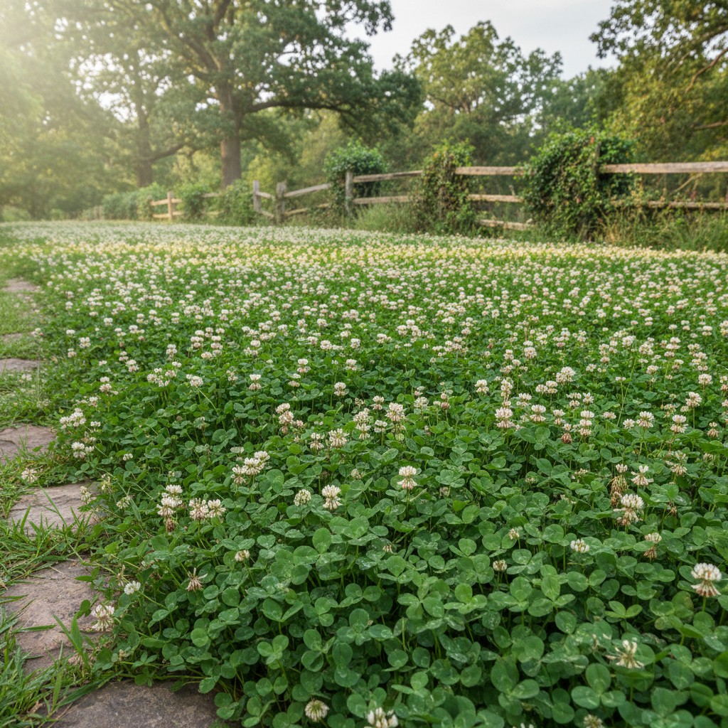 Lush green clover lawn with white flowers and bees