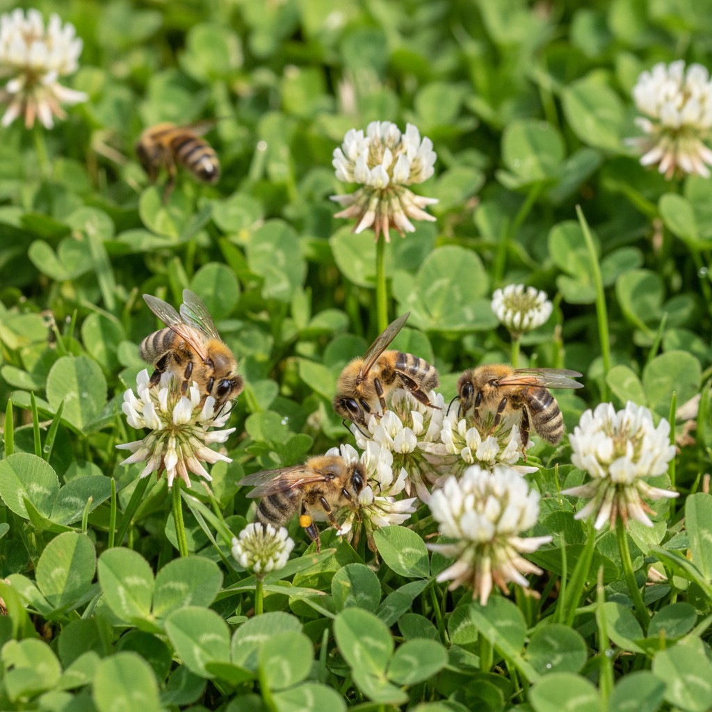 Bees pollinating white clover flowers in a lawn