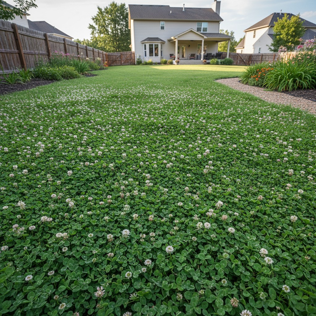 Side-by-side comparison of clover lawn staying green next to brown drought-stressed grass