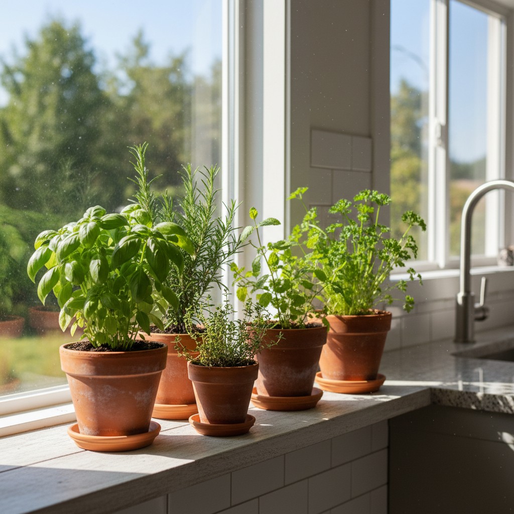 Kitchen windowsill herb garden with basil, rosemary, thyme, and mint