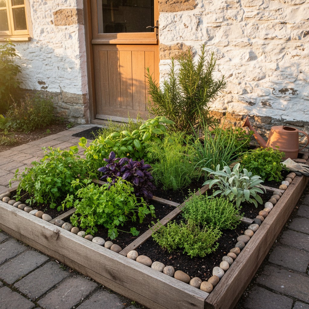 Indoor herb pots under a grow light on a kitchen counter
