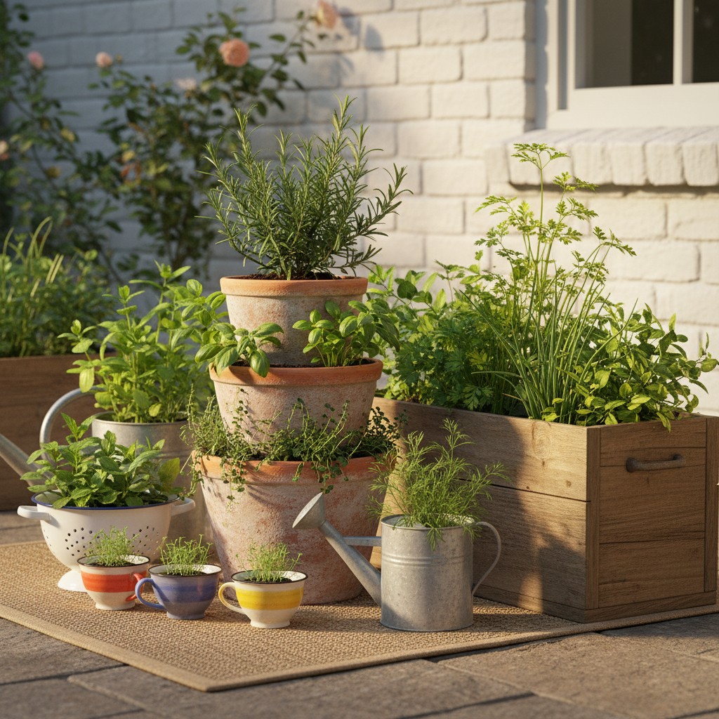 Hands snipping fresh basil from a potted plant