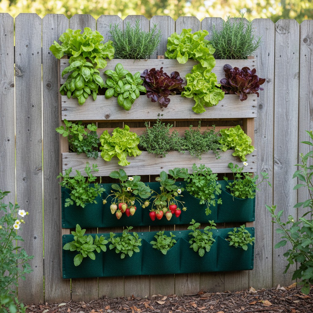 Vertical garden trellis with climbing beans and cucumbers