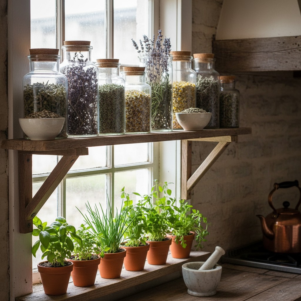 Bundles of fresh herbs hanging upside down to dry