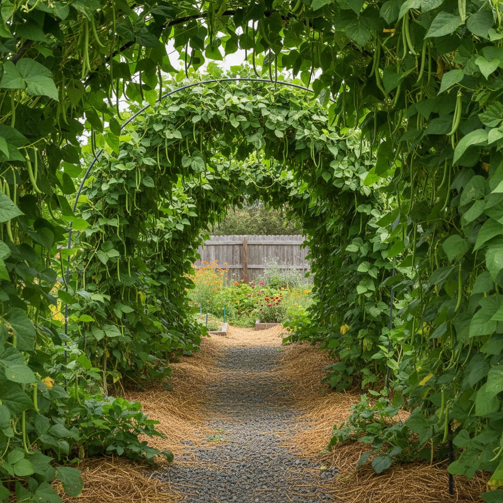 Cattle panel arch covered with squash vines forming a garden tunnel