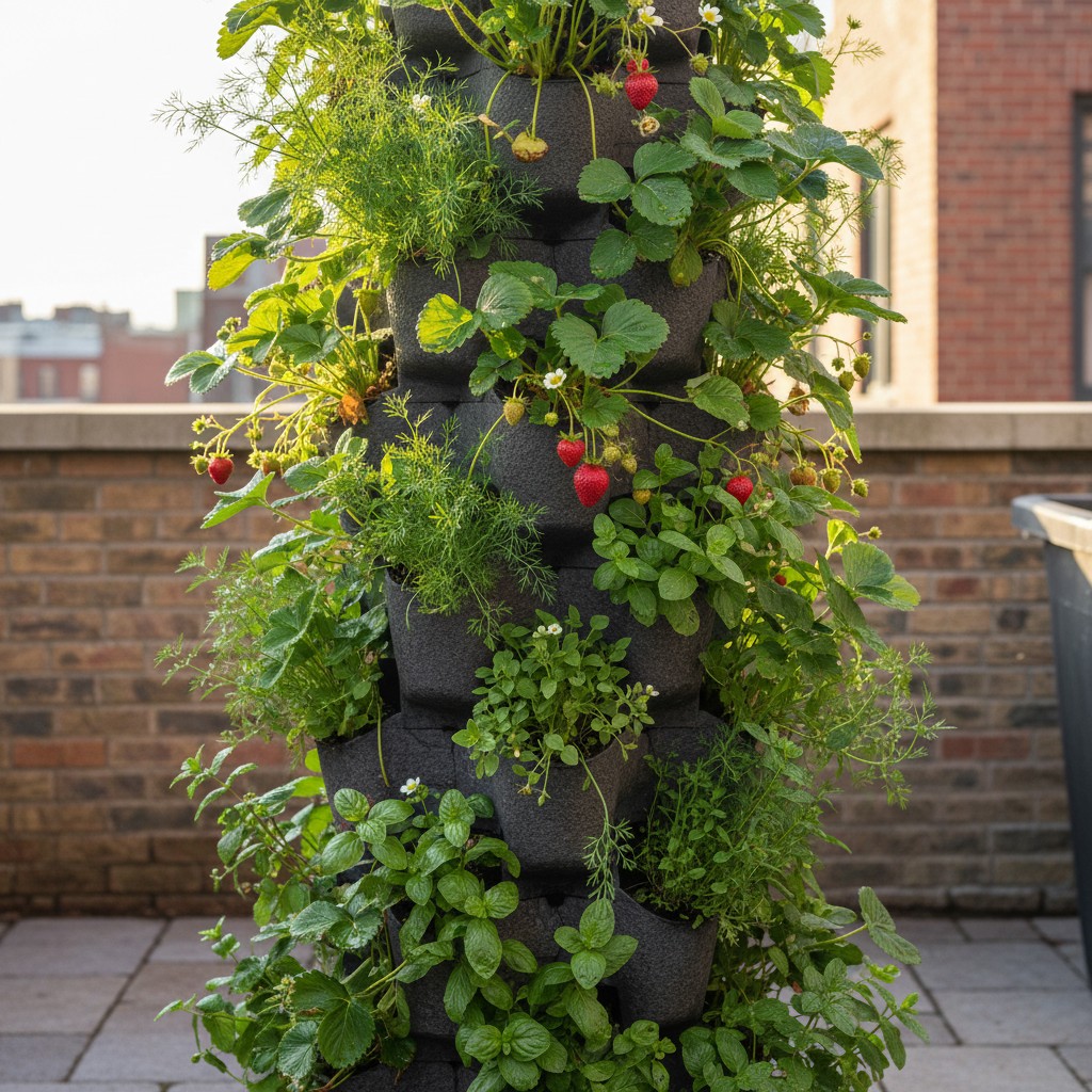 Hanging baskets with trailing cherry tomatoes and herbs