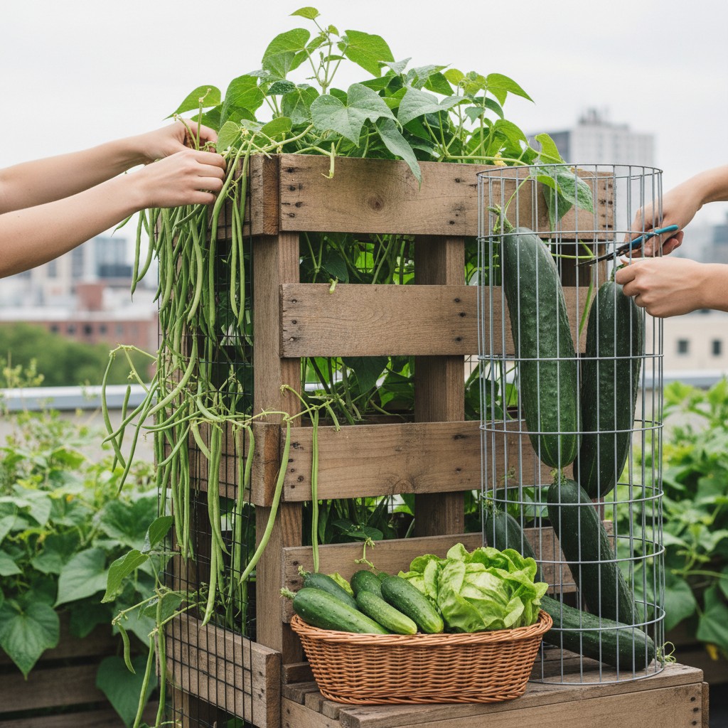 Pole beans climbing a tall string trellis in a small garden
