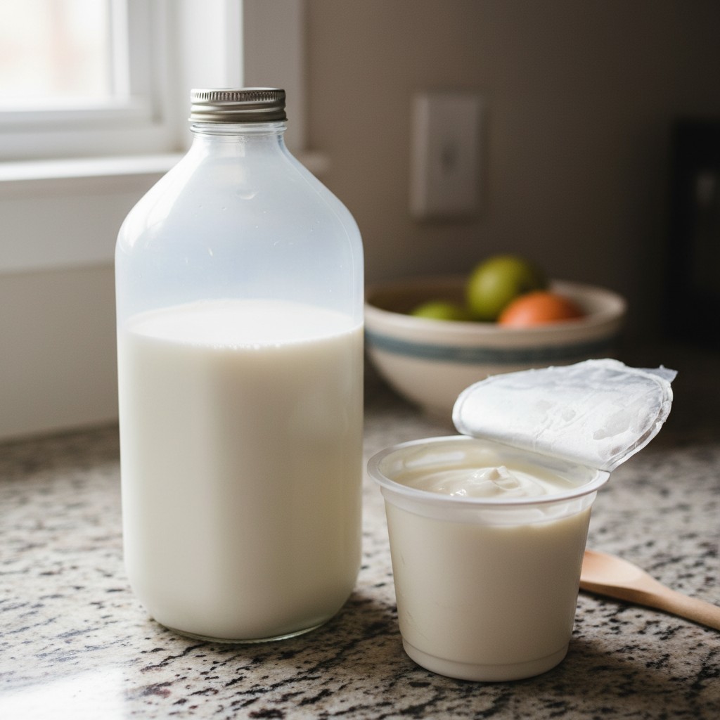 Milk being heated in a pot with a thermometer reading 180 degrees