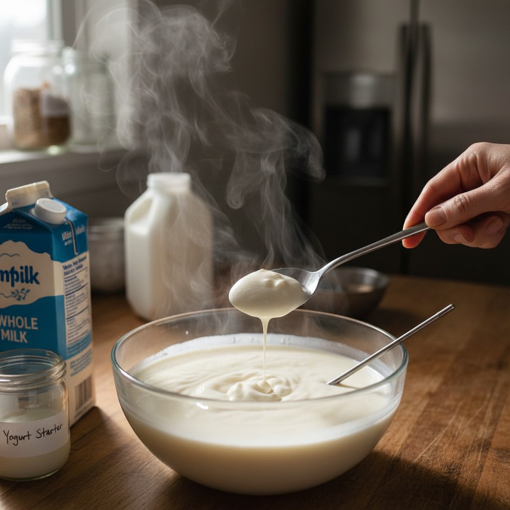 Creamy homemade yogurt in a glass jar with a spoon