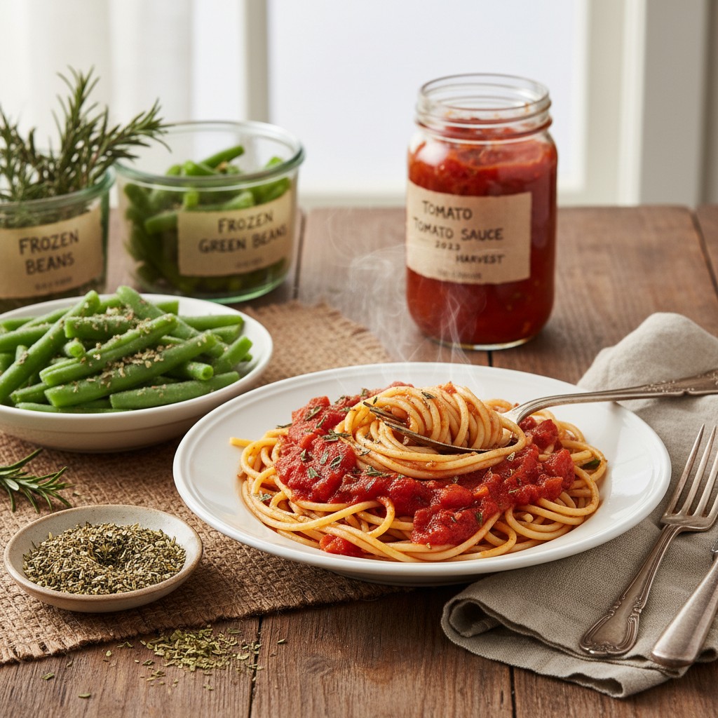 Family dinner table set with a meal made entirely from garden produce