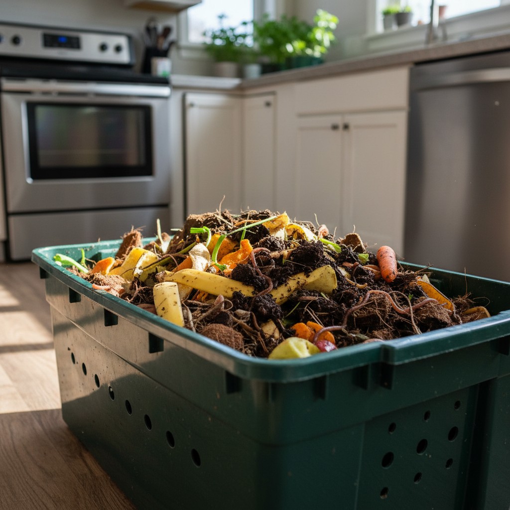 Kitchen scraps being added to a worm bin with bedding