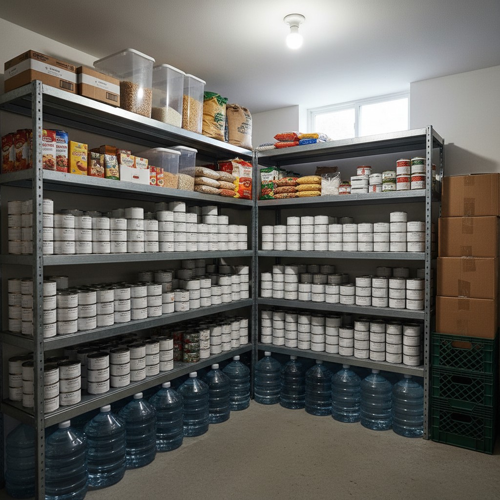 Well-organized emergency food pantry with labeled shelves