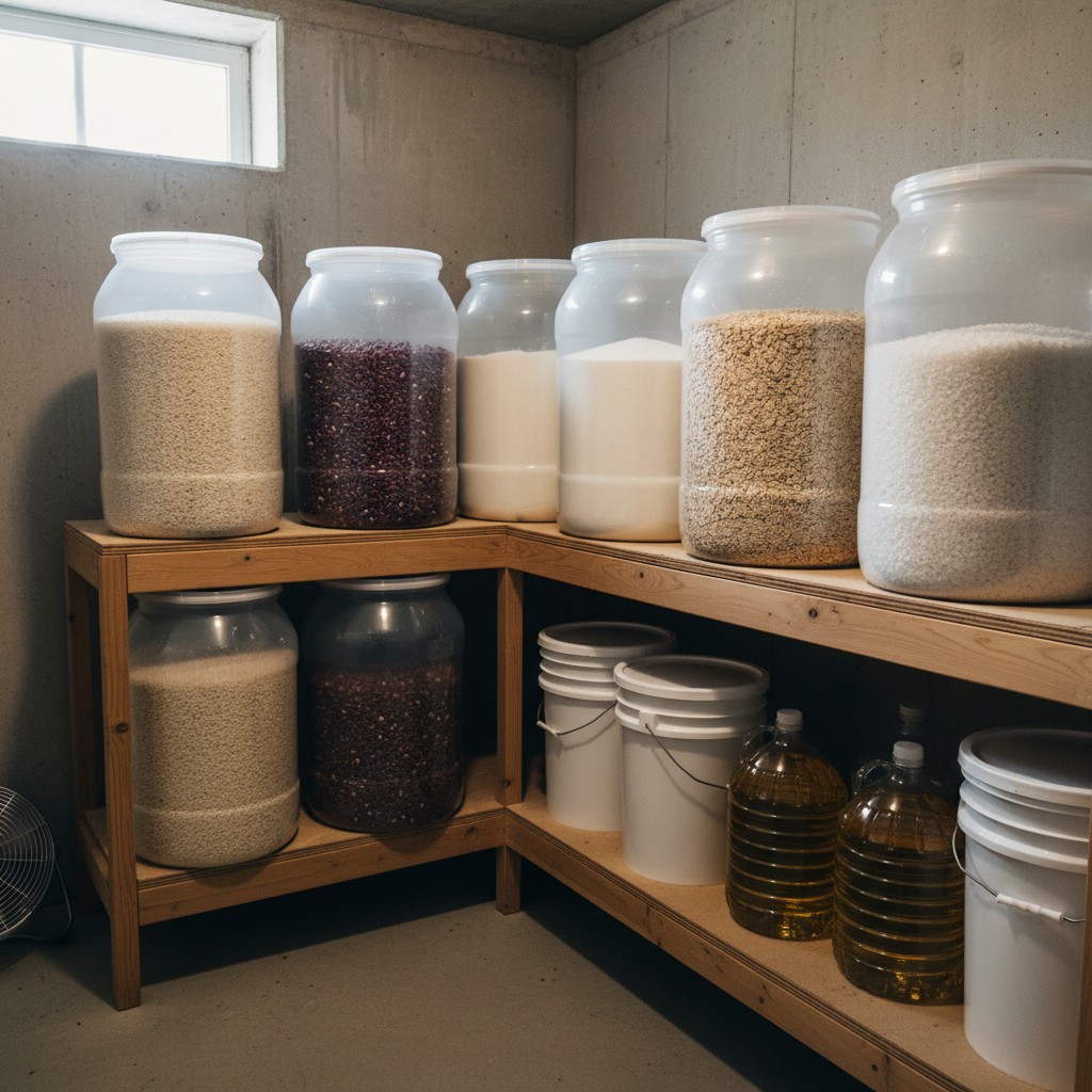 Bulk rice, beans, and oats in food-grade buckets with gamma lids
