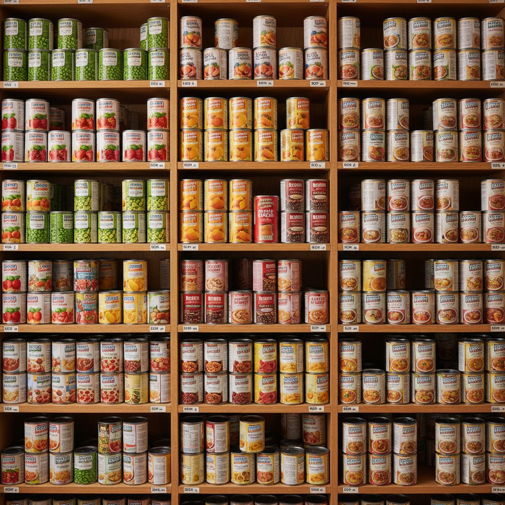 Rows of canned vegetables, fruits, and proteins on pantry shelves