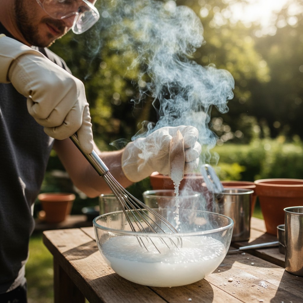Soap making supplies: digital scale, immersion blender, safety goggles, gloves