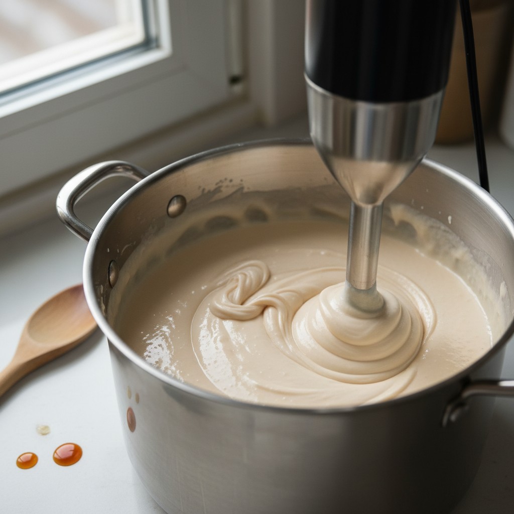 Soap batter reaching trace in a stainless steel pot