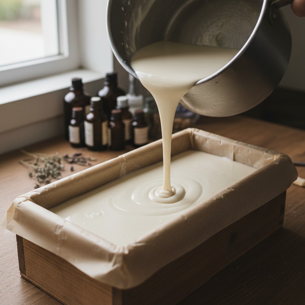 Fresh soap batter poured into a wooden loaf mold