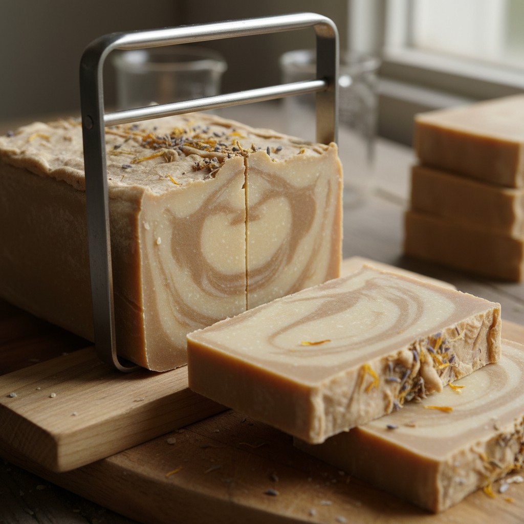 Handmade soap loaf being cut into bars with a wire cutter