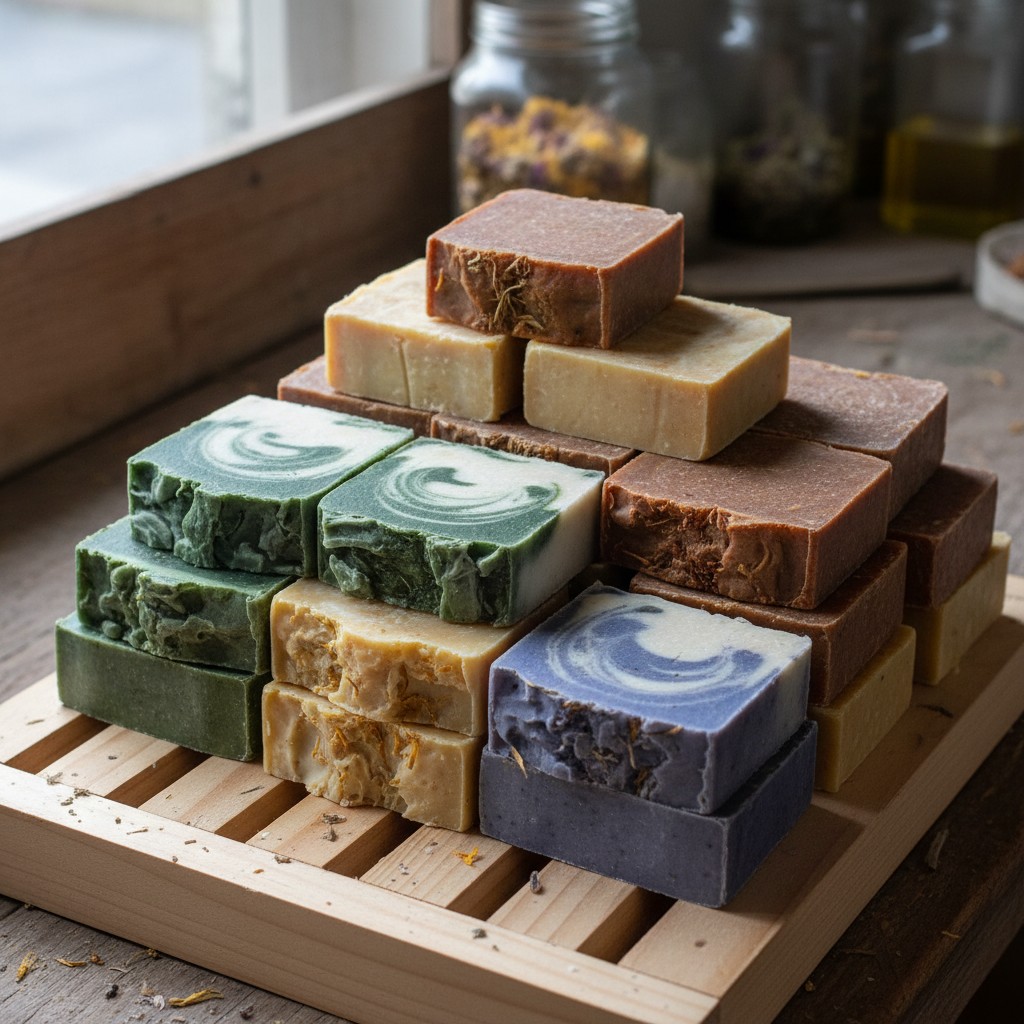 Beautiful handmade soap bars with herbs and natural colorants