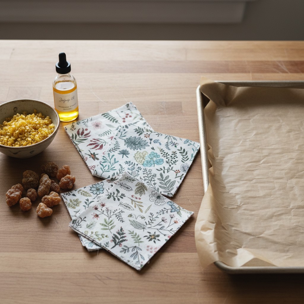 Beeswax wrap materials: cotton fabric, beeswax pellets, jojoba oil