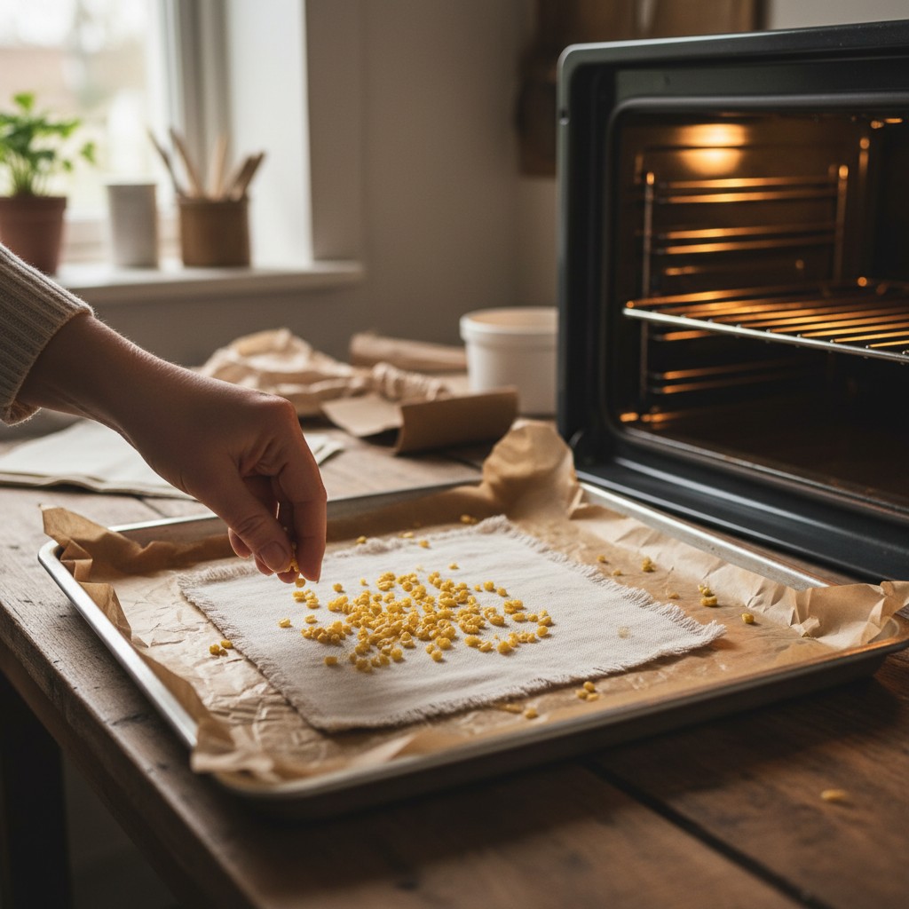 Beeswax pellets melting on fabric in an oven