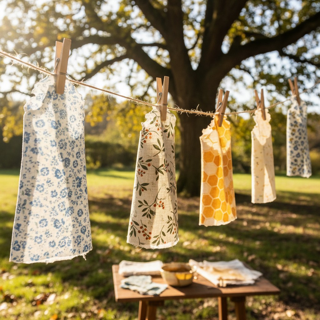 Colorful beeswax wraps covering cheese, fruit, and bread