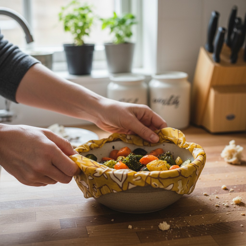 Beeswax wrap being refreshed in an oven on parchment paper