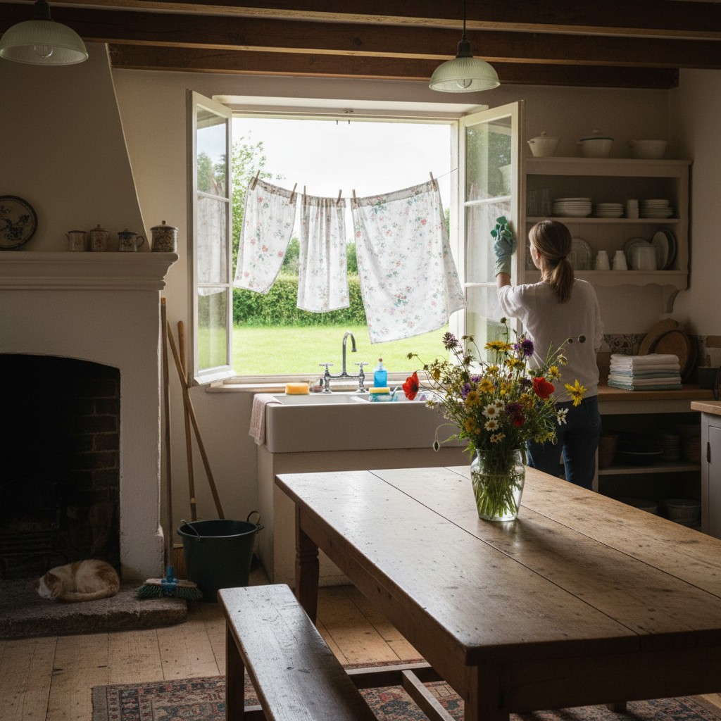 Spring cleaning scene with open windows, fresh flowers, and seed trays