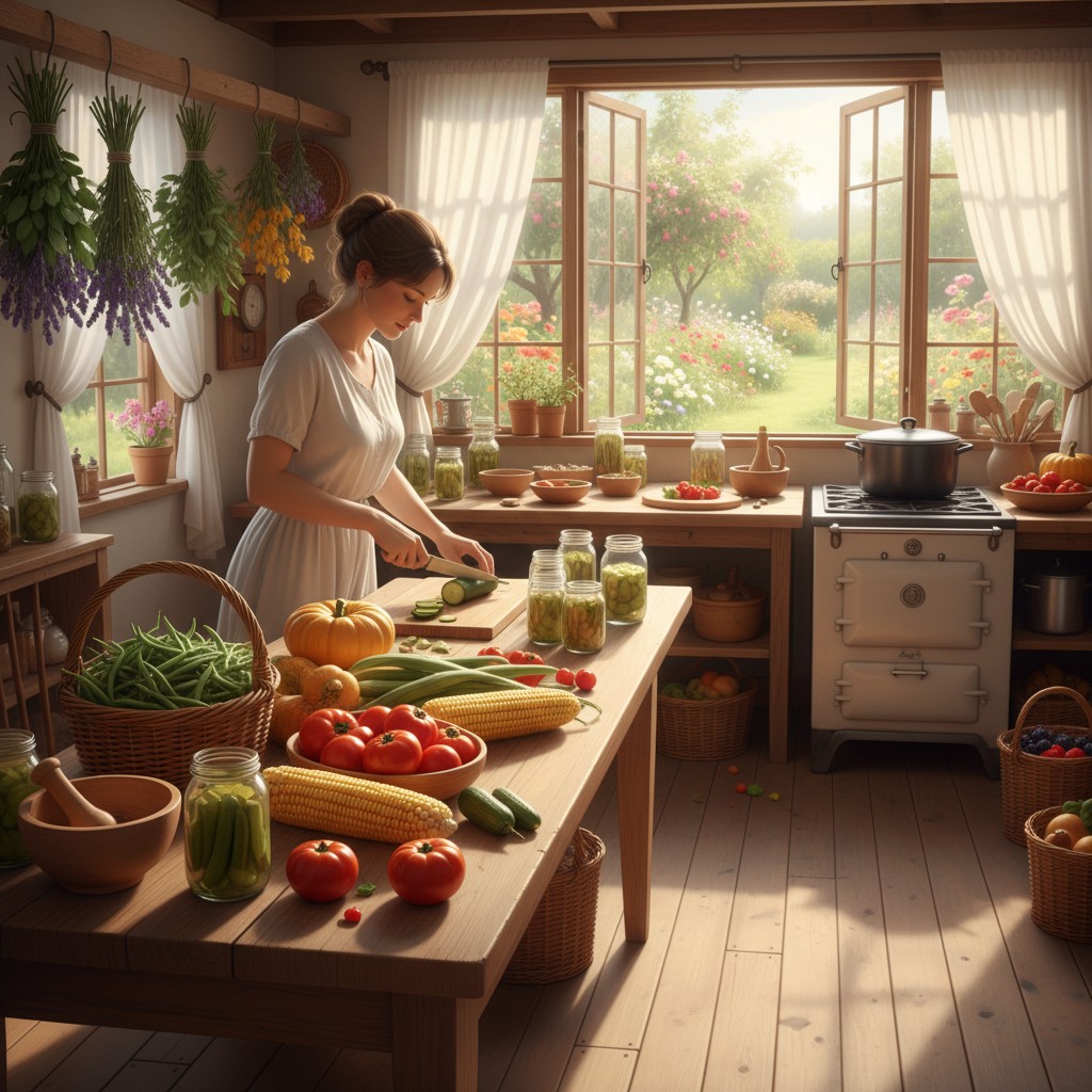 Abundant summer garden with preserving supplies on a table nearby