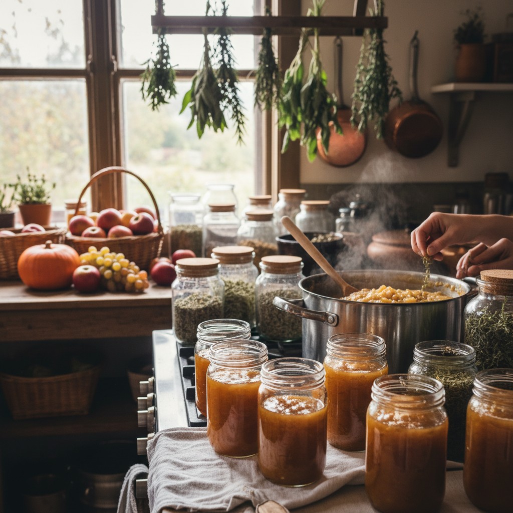 Kitchen counter with canning jars, fresh produce, and a water bath canner