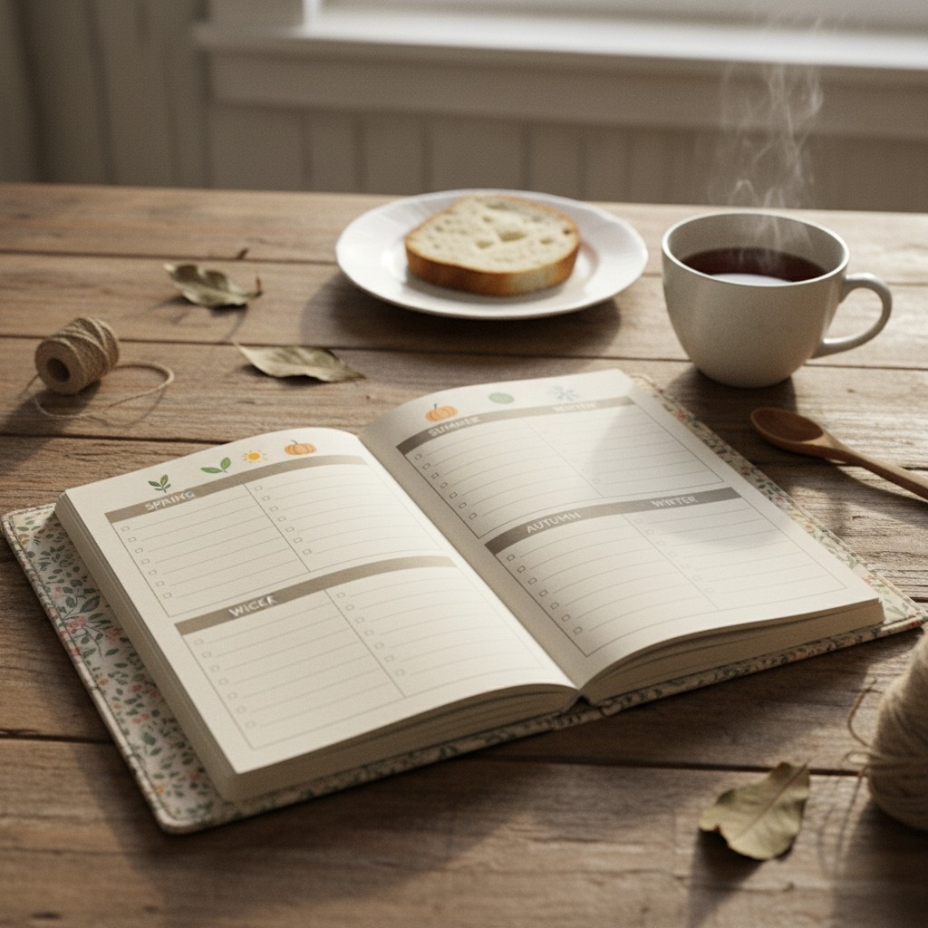 Seasonal homemaking planner open on a desk with tea and dried flowers