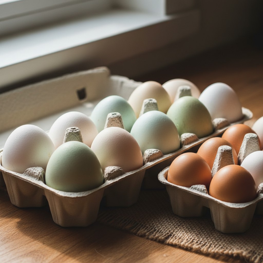 Fresh duck eggs in a rustic basket showing size variety