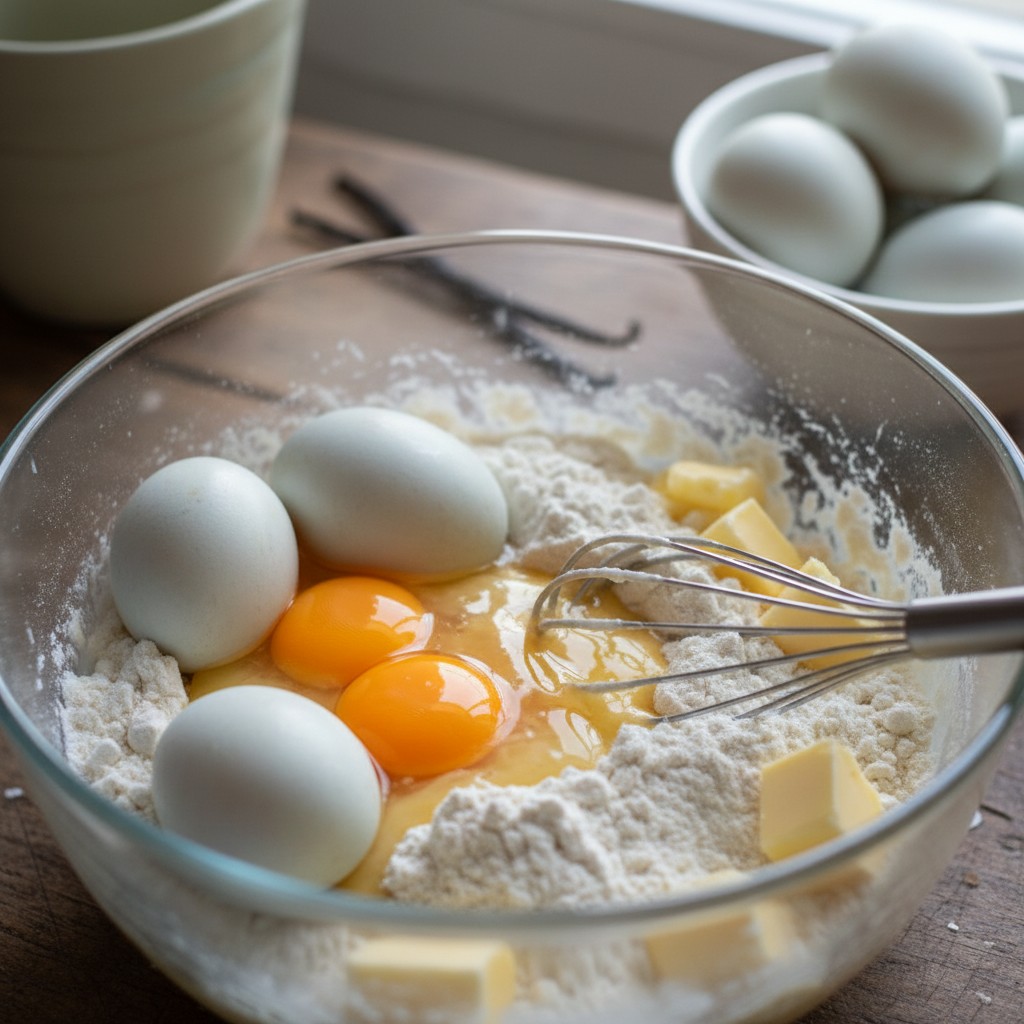 Fluffy cake baked with duck eggs showing tall rise and golden color