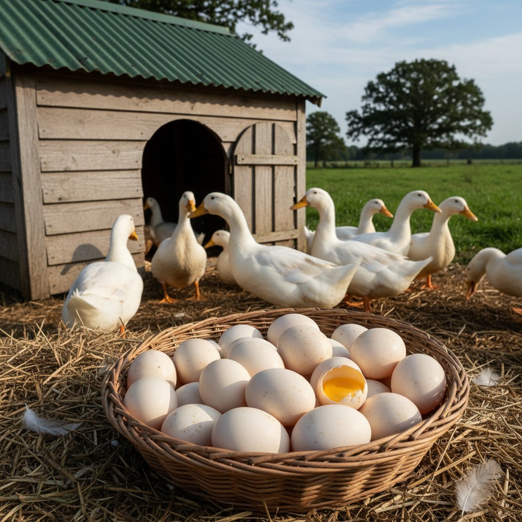Ducks foraging in a backyard near their coop