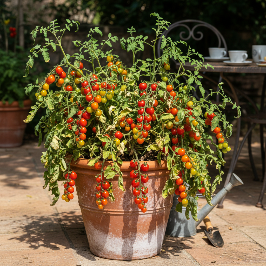 Cherry tomato plant overflowing with ripe fruit in a large pot on a patio