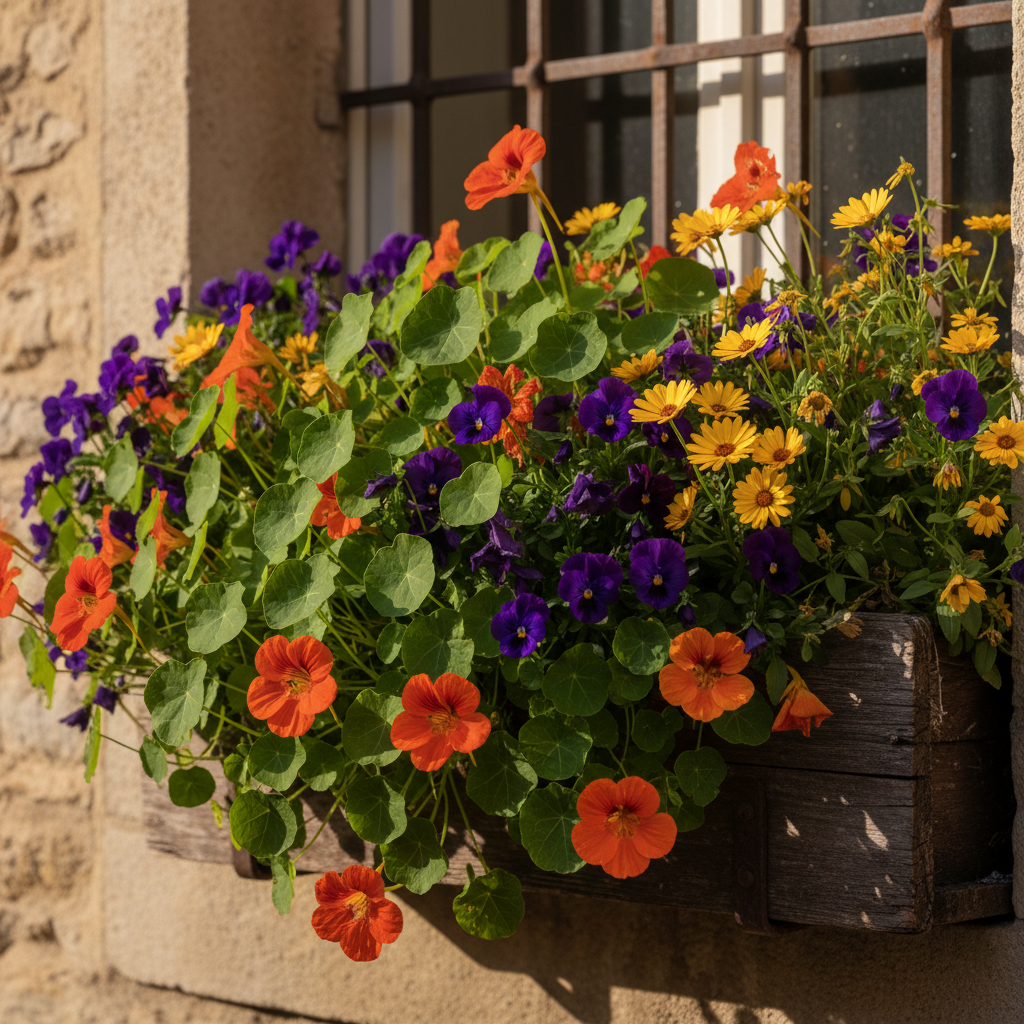 Window box with nasturtiums, violas, and calendula edible flowers