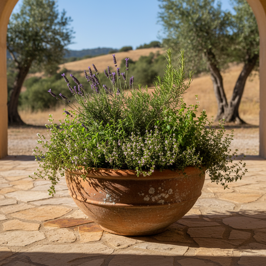 Terracotta pot with lavender, rosemary, thyme, and oregano