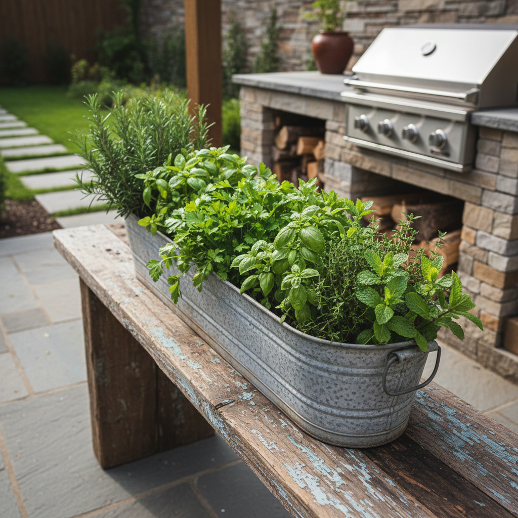 Galvanized tub herb bar with a row of herbs on a wooden bench
