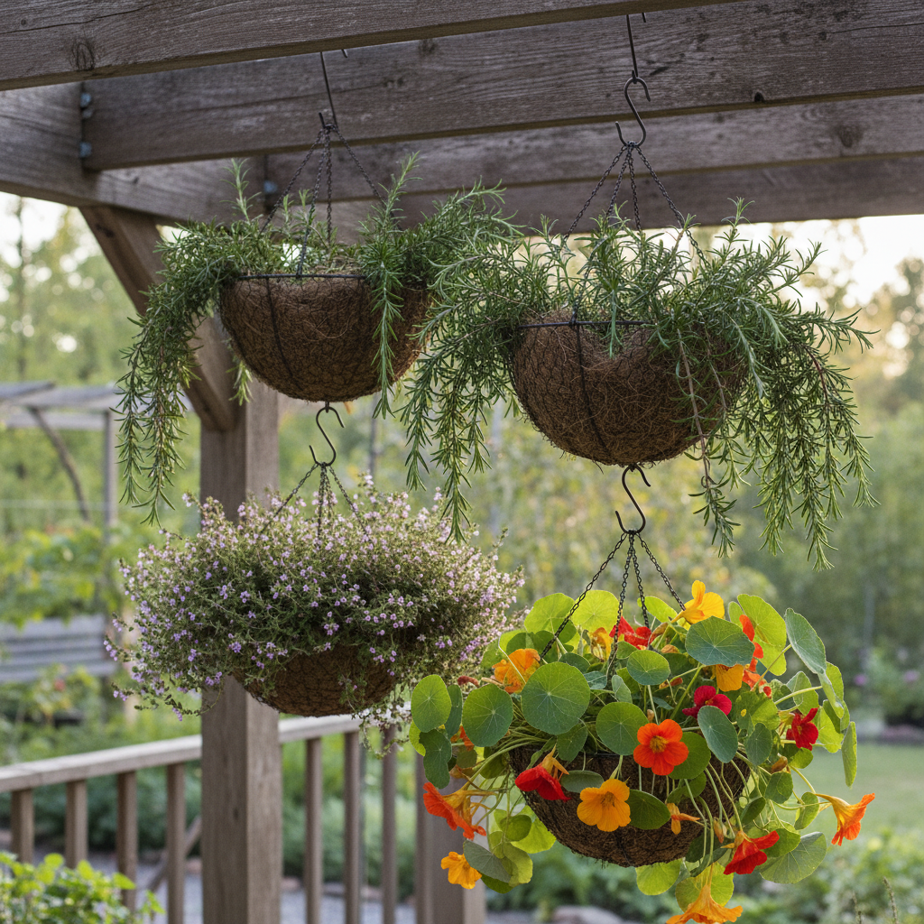 Hanging wire baskets with trailing herbs on a porch