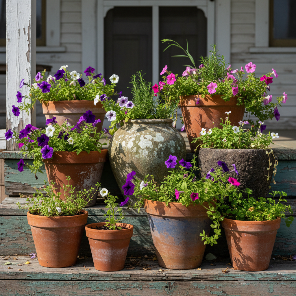 Cluster of mismatched vintage pots on porch steps with flowers and herbs