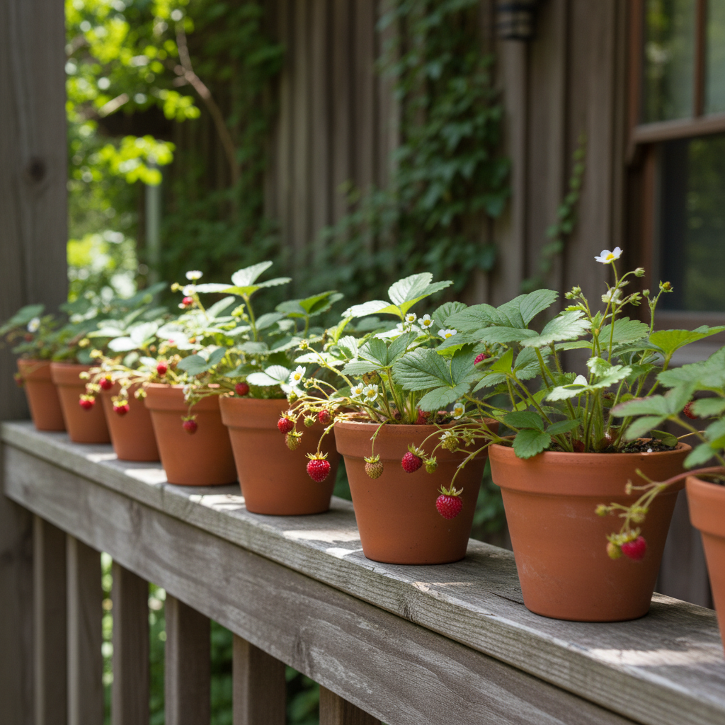 Row of small pots with alpine strawberries along a porch railing