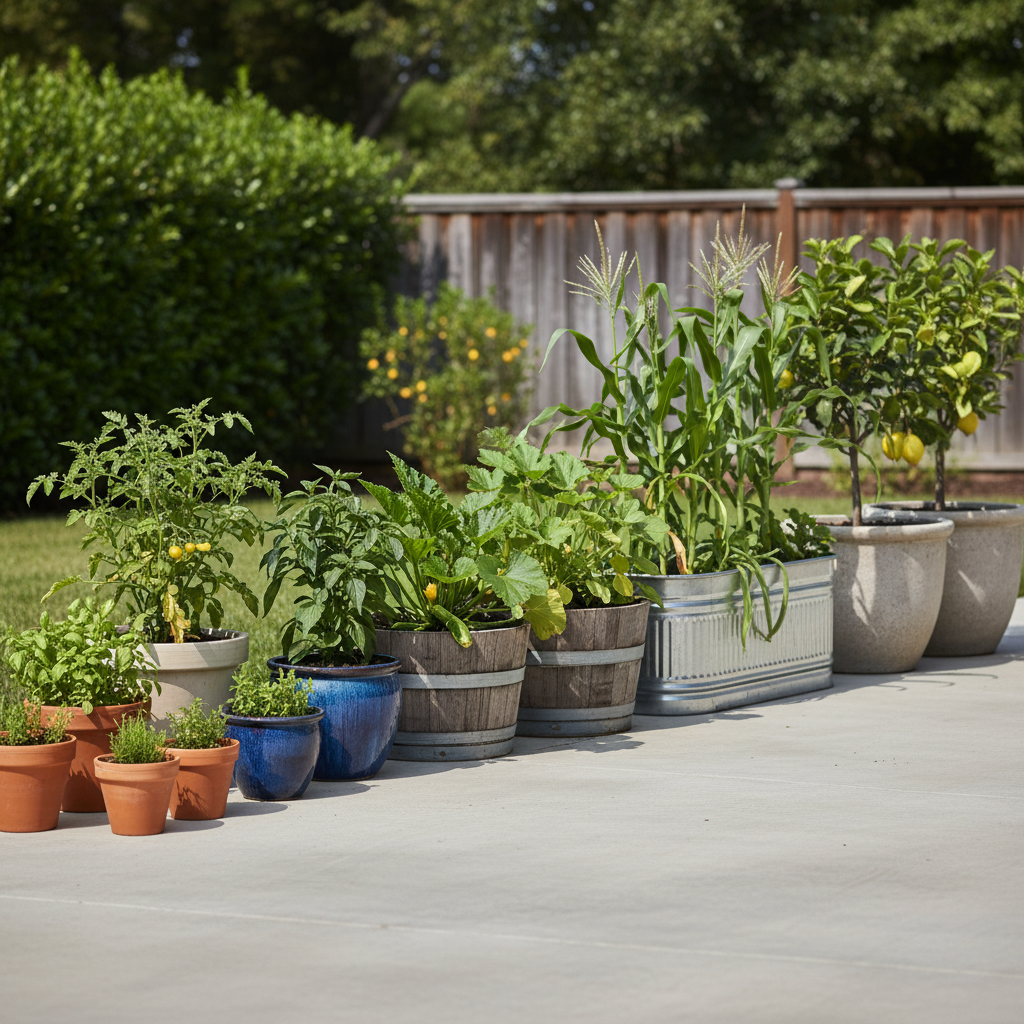 Different pot sizes side by side from small herb pots to large vegetable containers