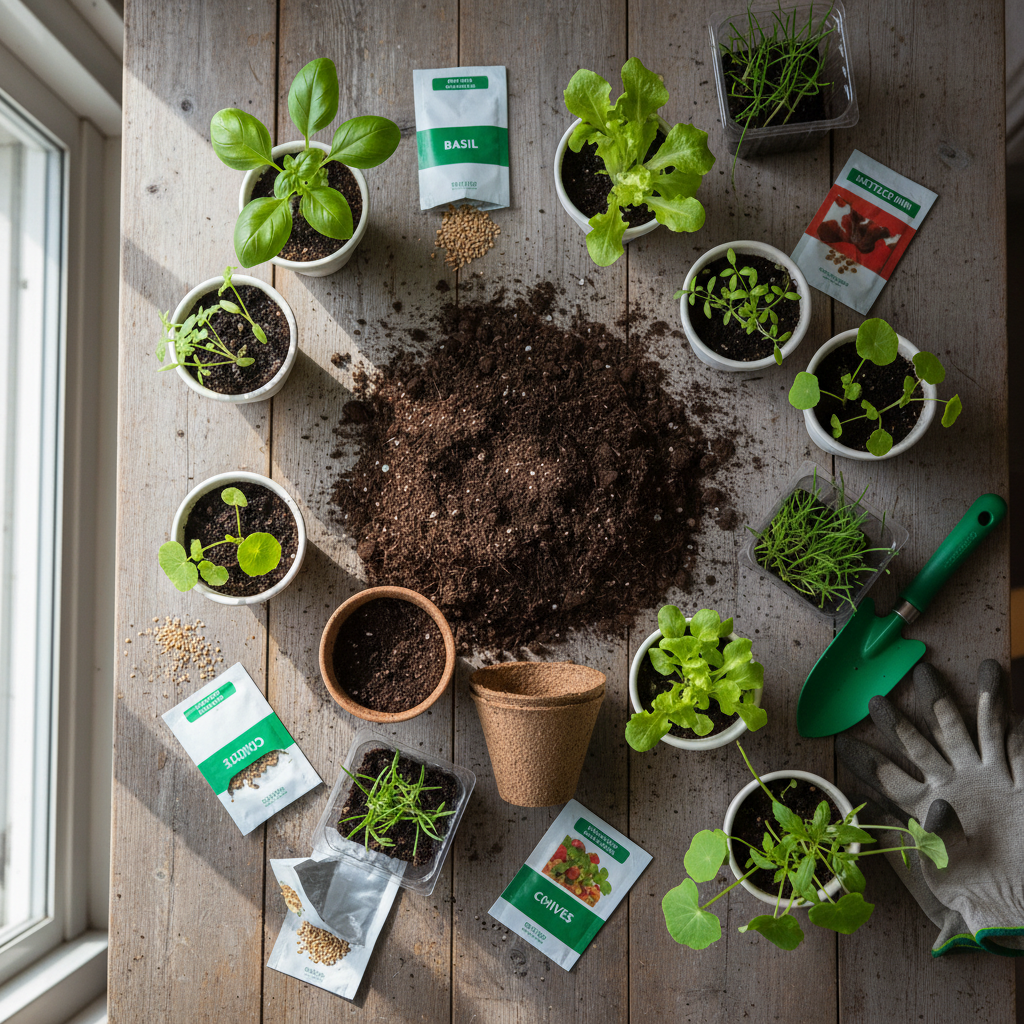 Flat-lay of beginner-friendly plants and seedlings with potting supplies