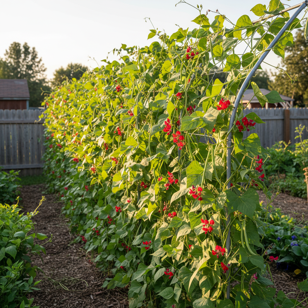 Cattle panel trellis covered in climbing beans along a fence line